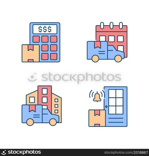 International delivery business company RGB color icons set. Parcels shipment cost calculation. Shipping goods services. Isolated vector illustrations. Simple filled line drawings collection. International delivery business company RGB color icons set