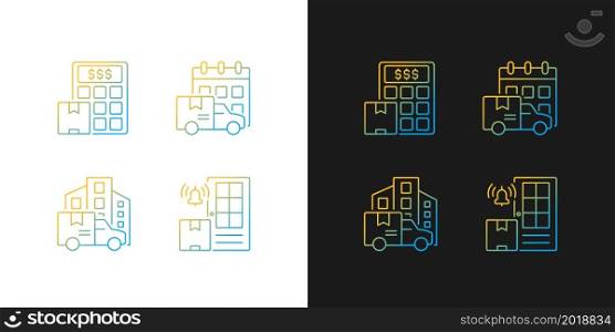 International delivery gradient icons set for dark and light mode. Shipment cost calculation. Thin line contour symbols bundle. Isolated vector outline illustrations collection on black and white. International delivery gradient icons set for dark and light mode
