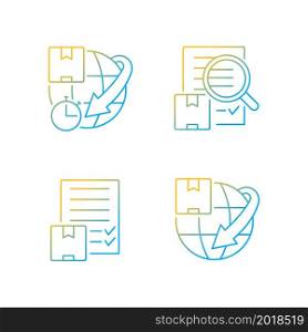 International delivery professional service gradient linear vector icons set. Expedited parcels worldwide. Logistic service. Thin line contour symbols bundle. Isolated outline illustrations collection. International delivery professional service gradient linear vector icons set