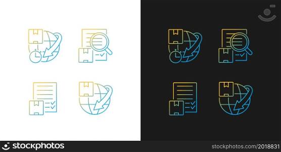 International delivery service gradient icons set for dark and light mode. Expedited parcels. Thin line contour symbols bundle. Isolated vector outline illustrations collection on black and white. International delivery service gradient icons set for dark and light mode