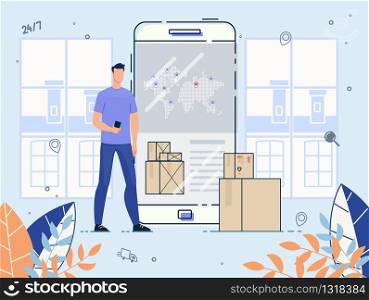 International Delivery Service on Mobile Phone. Man Customer Using Application on Smartphone for Ordering Cargo Shipment. Online Tracking and Checking Express, Free, Fast Worldwide Freight Shipping. International Delivery Service on Mobile Phone