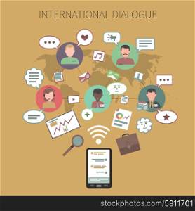 International dialogue concept with chart symbols and world map vector illustration. Chat Concept Illustration