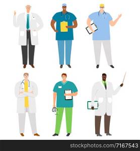 International doctors and staff vector of set. Professional international doctor in uniform illustration. International doctors and staff vector of set