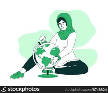 International education 2D vector isolated linear illustration. Woman with globe thin line flat character on cartoon background. Colorful editable scene for mobile, website, presentation. International education 2D vector isolated linear illustration