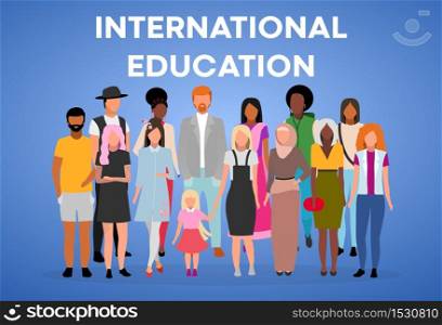 International education poster vector template. Multinational students exchange program. Brochure, cover, booklet page concept with flat illustrations. Advertising flyer, leaflet, banner layout idea