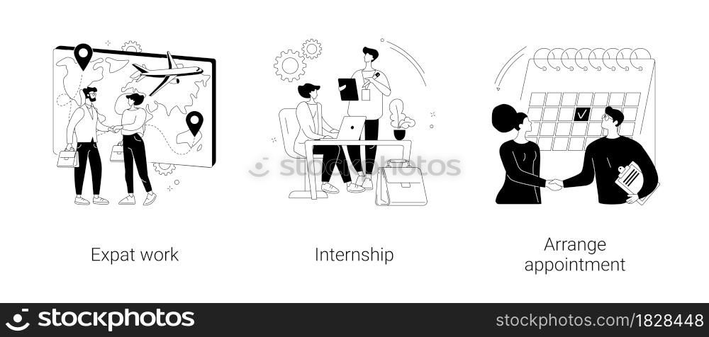 International employment abstract concept vector illustration set. Expat work, internship, arrange appointment, apply for job, professional growth, working place, student training abstract metaphor.. International employment abstract concept vector illustrations.