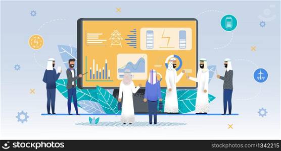 International Expo Stand Exhibition for Arabs Man. Caucasian Businessman Presents New Product. Arabian People Looking at Promotion Stands, Discussing Promotion, Talking to Speaker. Vector Illustration. International Expo Stand Exhibition for Arabs Man