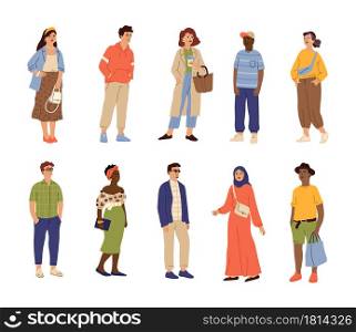 International fashion characters. Adults person, working teenagers together. Isolated young people, diversity beautiful man woman vector set. Illustration clothes people, characters fashionable model. International fashion characters. Adults person, working teenagers together. Isolated young people, diversity beautiful man woman vector set