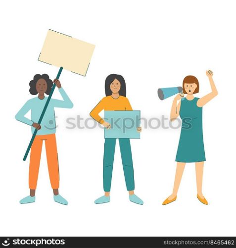 International female protest concept vector illustration. Women different races defend their rights. Adult girls with placards and megaphone isolated flat. International female protest concept vector illustration