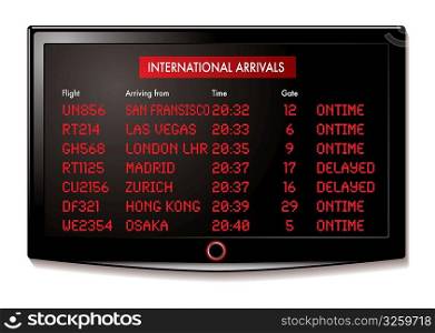 international flight arrivals display board with time and gate numbers