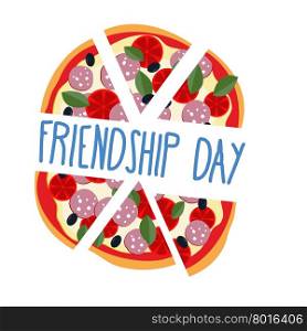 International friendship day. Pizza pieces for friends. Vector illustration.&#xA;