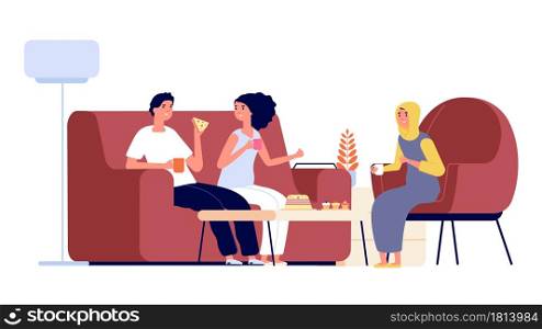 International friendship. Muslim woman and european couple drink tea together. Happy multicultural people, different nationality are friends vector illustration. International people cartoon. International friendship. Muslim woman and european couple drink tea together. Happy multicultural people, different nationality are friends vector illustration