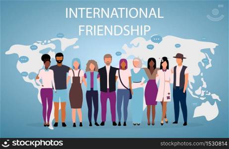 International friendship poster vector template. Multiracial and multicultural friends. Brochure, cover, booklet page concept design with flat illustrations. Advertising flyer, leaflet, banner layout