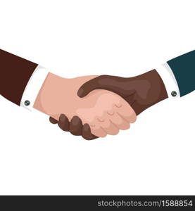 International handshake. Harmony of different races. Businessmen make a deal. Successful negotiations. Vector flat illustrations of human hands for articles, banners, postcards and your design. International handshake. Harmony of different races. Businessmen make a deal. Successful negotiations. Vector flat illustrations