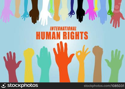 International Human Rights Day concept, Illutrator vector multi color hand on blue background