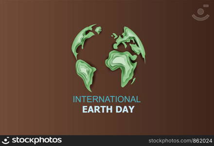 International illustration of around the world map Concept paper art design. Earth day with Creative digital paper cut and craft style. Environment ecology wildlife idea for card and poster. vector