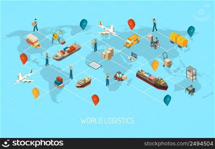 International logistic company worldwide operations with cargo distribution shipment and transportations map isometric poster abstract vector illustration. Logistics Operations Worldwide Isometric Poster
