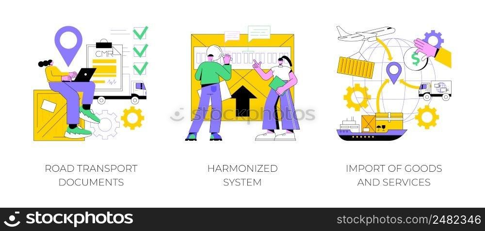International logistics abstract concept vector illustration set. Road transport documents, harmonized system, import of goods and services, CMR, HTS code service, trading goods abstract metaphor.. International logistics abstract concept vector illustrations.