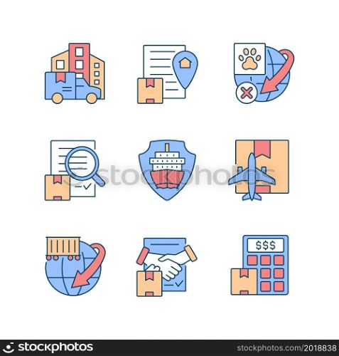 International logistics business RGB color icons set. Global transportation service. Professional cargoes delivering. Isolated vector illustrations. Simple filled line drawings collection. International logistics business RGB color icons set