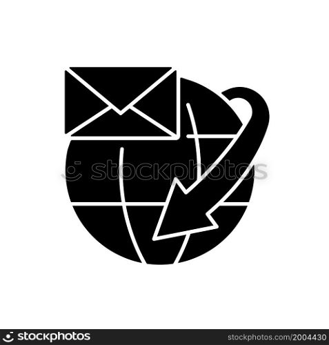 International mail shipping service black glyph icon. Post company business worldwide provided. Delivering letters to clients. Silhouette symbol on white space. Vector isolated illustration. International mail shipping service black glyph icon