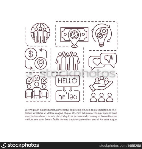 International market concept icon with text. Multi racial team. Unity in interracial work group. PPT page vector template. Brochure, magazine, booklet design element with linear illustrations. International market concept icon with text