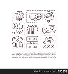 International market concept icon with text. Multi racial team. Unity in interracial work group. PPT page vector template. Brochure, magazine, booklet design element with linear illustrations. International market concept icon with text
