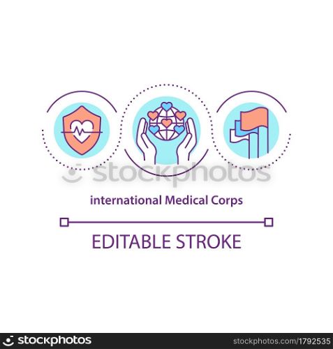 International medical corps concept icon. Healthcare training for lives saving and suffering relieving abstract idea thin line illustration. Vector isolated outline color drawing. Editable stroke. International medical corps concept icon.