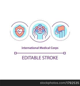 International medical corps concept icon. Healthcare training for lives saving and suffering relieving abstract idea thin line illustration. Vector isolated outline color drawing. Editable stroke. International medical corps concept icon.