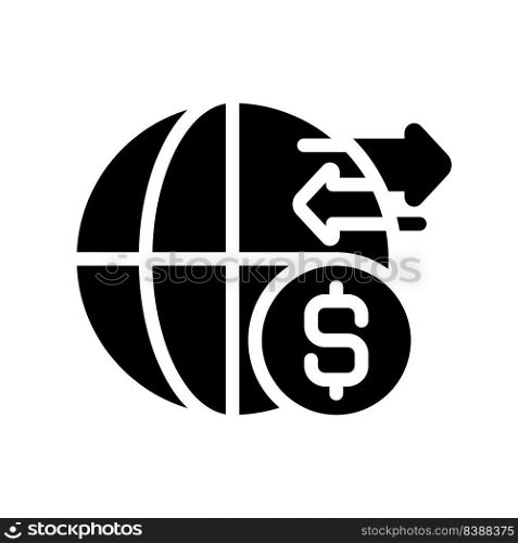 International money transfer black glyph icon. Getting paid from another country. Payment method. Bank account. Silhouette symbol on white space. Solid pictogram. Vector isolated illustration. International money transfer black glyph icon