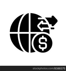 International money transfer black glyph icon. Getting paid from another country. Payment method. Bank account. Silhouette symbol on white space. Solid pictogram. Vector isolated illustration. International money transfer black glyph icon