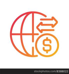 International money transfer pixel perfect gradient linear vector icon. Get paid from another country. Payment method. Thin line color symbol. Modern style pictogram. Vector isolated outline drawing. International money transfer pixel perfect gradient linear vector icon