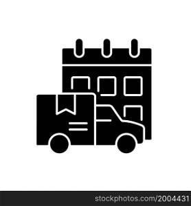 International orders shipping schedule black glyph icon. Cargo truckload delivery on-time. Shipment service for clients comfort. Silhouette symbol on white space. Vector isolated illustration. International orders shipping schedule black glyph icon