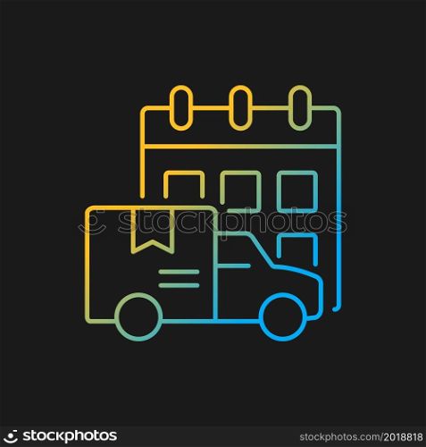 International orders shipping schedule gradient vector icon for dark theme. Cargo truckload delivery on-time. Thin line color symbol. Modern style pictogram. Vector isolated outline drawing. International orders shipping schedule gradient vector icon for dark theme