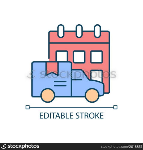 International orders shipping schedule RGB color icon. Cargo truckload delivery on-time. Shipment service for clients comfort. Isolated vector illustration. Simple filled line drawing. Editable stroke. International orders shipping schedule RGB color icon