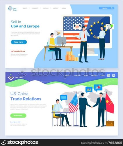 International partnership with China vector, eu and usa relations in business. Businessman in meeting representatives of companies on conference. Website or webpage template, landing page flat style. USA Trade Business and Partnership with China