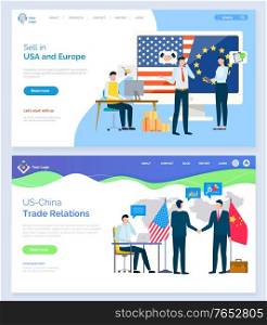 International partnership with China vector, eu and usa relations in business. Businessman in meeting representatives of companies on conference. Website or webpage template, landing page flat style. USA Trade Business and Partnership with China