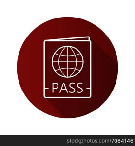 International passport flat linear long shadow icon. Travel pass with globe sign. Vector line symbol. International passport flat linear long shadow icon