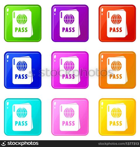 International passport icons set 9 color collection isolated on white for any design. International passport icons set 9 color collection