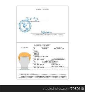 International Passport Vector. Opened Passport Page Blank Template. Identification Document.. International Passport Vector. Sample Personal Data Page. International Identification Document.