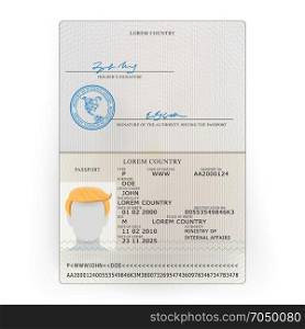 International Passport Vector. Sample Personal Data Page. International Identification Document.. International Passport Vector. Opened Passport Page Blank Template. Identification Document. Business, Tourism Concept.