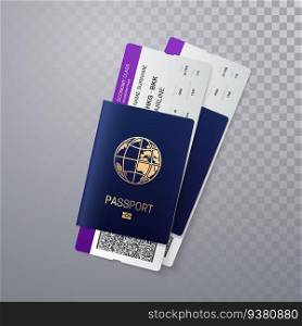 International passports with flight boarding passes isolated on transparent background