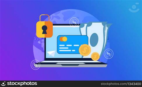 International Pay Online. Vector Flat Horizontal Illustration on Blue Background. Foreground Credit Card with Cash and Gold Coins with Dollar Sign. Laptop on Background Blue Planet.