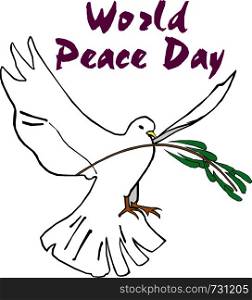 International Peace Day card. Hand written lettering with dove and olive branch. Vector illustration.. Word Peace Day card. Hand written lettering with dove and olive branch. Vector illustration.