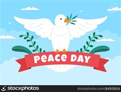 International Peace Day Cartoon Illustration with Hands, Pigeon, Globe and Blue Sky to Create Prosperous in the World in Flat Style Design