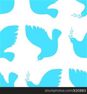 International Peace Day. Concept of a social holiday. White dove with olive branch. Seamless Pattern. White background, blue elements. International Peace Day. White dove with olive branch. Seamless Pattern