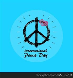 International Peace Day Emblem with Hippie Symbol. International Peace Day emblem vector illustration with hippie symbol on light blue background. Tiny pink heart finishes composition