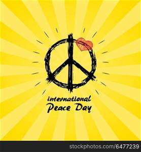 International Peace Day Logo with Hippie Sign Icon. International peace day logo with hippie sign in black color and red heart on top of symbol hand drawn vector with text on yellow background with rays.