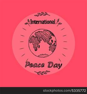International Peace Day on Vector Illustration. International peace day promo poster representing image of encircled earth, lines and leaves isolated on red background on vector illustration