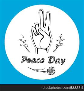 International Peace Day Poster 21 September 2017. International peace day logo on 21 September 2017 vector. Hand nonverbal sign with two fingers meaning freedom from war or violence in circle