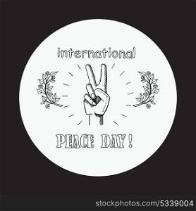 International Peace Day Poster 21 September 2017. International peace day poster on 21 September 2017 vector. Hand nonverbal sign with two fingers meaning freedom from violence on black in circle
